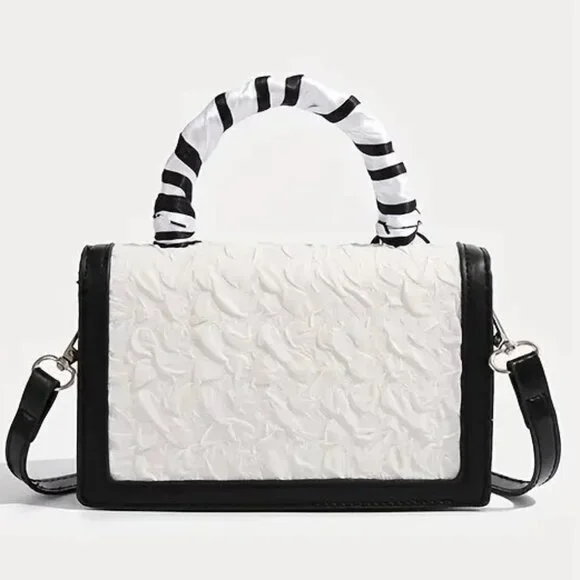 Chic Black/White Textures Floral Mini Crossbody Top Handle Bag w/Twilly - Picture 10 of 13